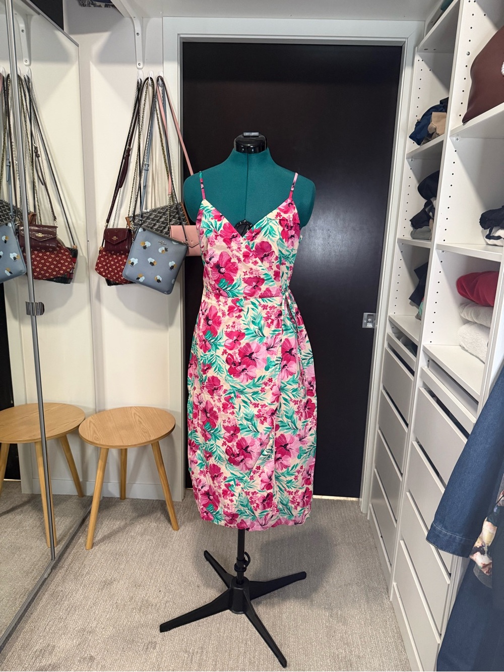 Floral Spaghetti-Strap Midi Wrap Dress in Pink